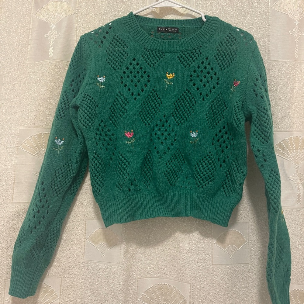 Green Floral Knit Cropped Sweater